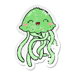distressed sticker of a cute cartoon jellyfish