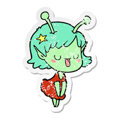 distressed sticker of a happy alien girl cartoon