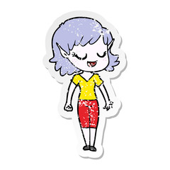 distressed sticker of a happy cartoon elf girl