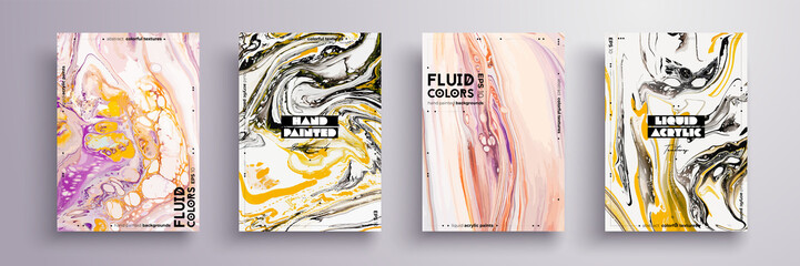 Abstract painting, can be used as a trendy background for wallpaper, poster, invitation, cover and presentation. Fluid art. Liquid marble texture with mixed of acrylic yellow, pink, black paints