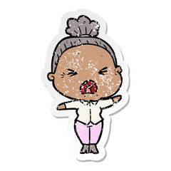 distressed sticker of a cartoon angry old woman