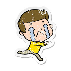 distressed sticker of a cartoon man crying