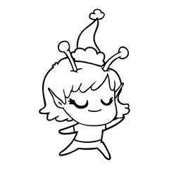 smiling alien girl line drawing of a wearing santa hat