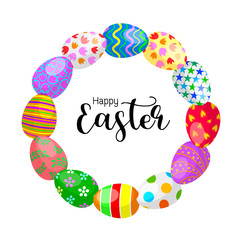 Variety of Easter eggs in circle border. Happy Easter day concept. Vector illustration isolated on white background. Great for your design of poster, greeting card and banner.