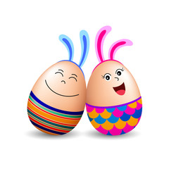 Funny egg characters with bunny ear. Easter holiday concept.  Illustration isolated on white background.