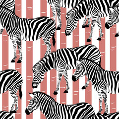 Zebra on abstract wood background. Seamless pattern. Wild animal texture. design trendy fabric texture,  illustration.