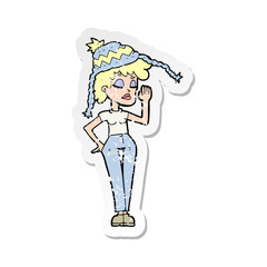 retro distressed sticker of a cartoon woman wearing winter hat