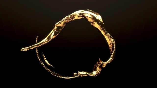 Slow motion liquid gold flows in a looping motion across the screen against a dark background. Matte is included for compositing.