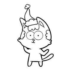 happy line drawing of a cat wearing santa hat