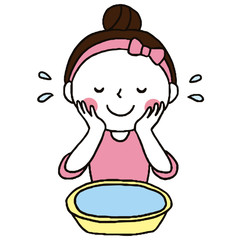顔を洗う/洗顔する女性/手描き/かわいい