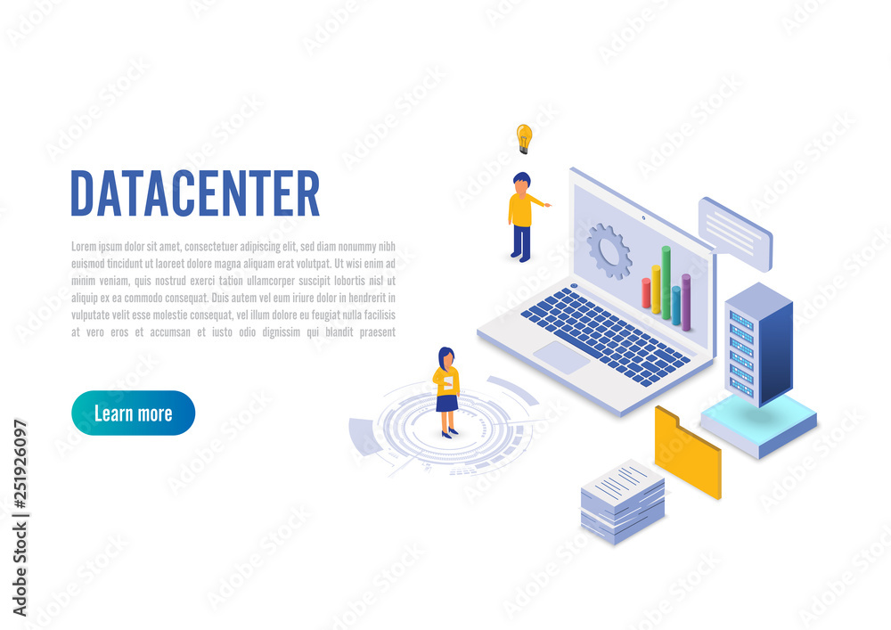 Poster internet datacenter connection, administrator of web hosting concept. character and text for service