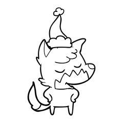 friendly line drawing of a fox wearing santa hat