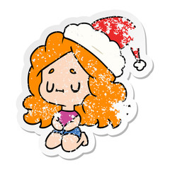 christmas distressed sticker cartoon of kawaii girl