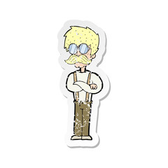 retro distressed sticker of a cartoon hipster man with mustache and spectacles