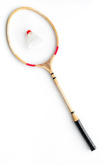 Badminton concept. Badminton racket and shuttlecock on white background top view space for text