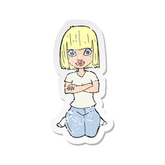 retro distressed sticker of a cartoon woman kneeling