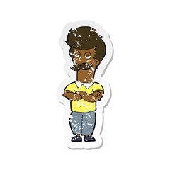 retro distressed sticker of a cartoon mustache muscle man