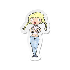 retro distressed sticker of a cartoon offended woman covering herself