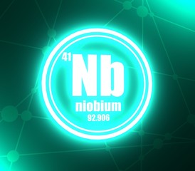 Niobium chemical element. Sign with atomic number and atomic weight. Chemical element of periodic table. Molecule and communication background. Connected lines with dots. 3D rendering