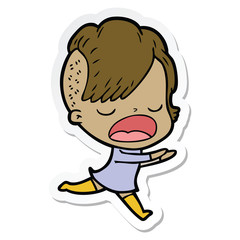 sticker of a cartoon cool hipster girl talking
