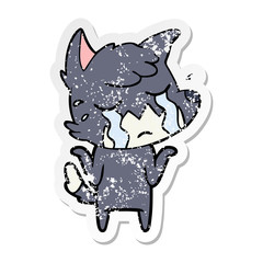 distressed sticker of a crying fox shrugging shoulders