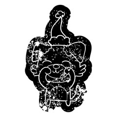 cartoon distressed icon of a dog wearing santa hat