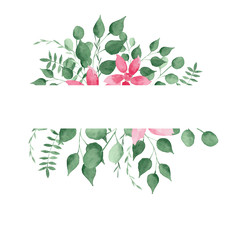 Watercolor frame of beautiful green leaves and pink flowers. Perfect for cards, invitations,  and other projects.