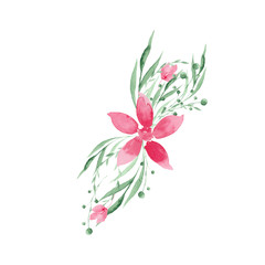 watercolor set of twigs of leaves and pink flowers