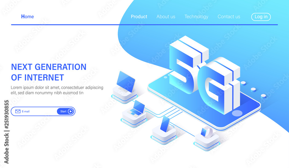 Poster isometric 5g mobile network wireless systems and internet vector illustration. communication network