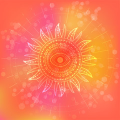 Vector illustration of Sacred or mystic symbol on abstract background. Geometric sign drawn in lines. Pink and orange color.