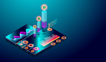 Business trend analysis on isometric smartphone screen with graphs, market trend and financial analysis vector.