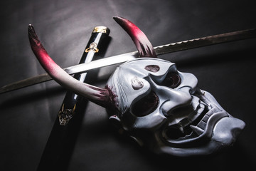 Japanese oni mask or giant mask, used to decorate handmade from original to make it look dark and...