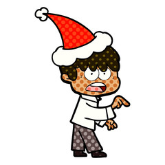 worried comic book style illustration of a boy wearing santa hat