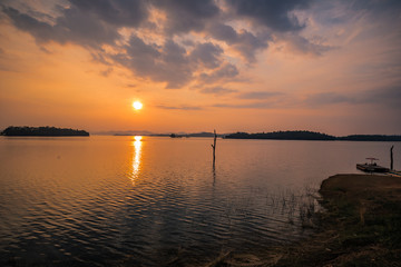 Khao Laem National Park at at Pom Pee viewpoint of Vajiralongkorn dam in Kanchanaburi, Thailand. Photo on aerial view from drone during sunset.