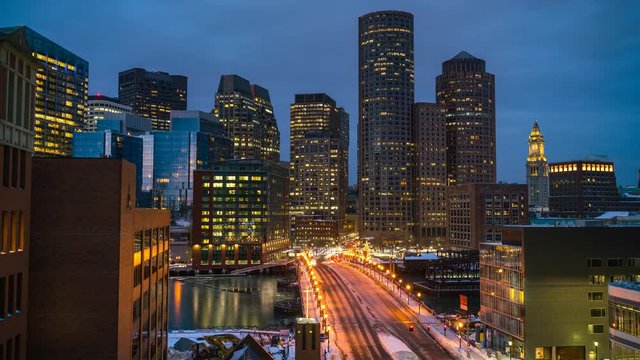 View on Boston city center at sunrise: timelapse of night to day transition