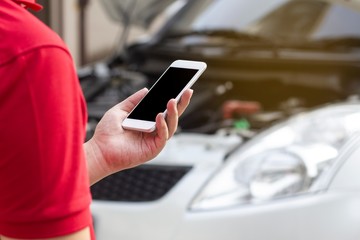 Agent man is calling the car service center because car is broken. The concept of customer service to home.