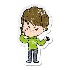 distressed sticker of a cartoon frustrated woman