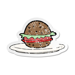 retro distressed sticker of a cartoon burger on plate