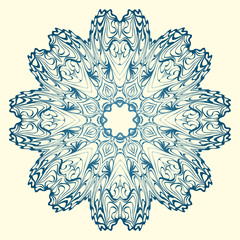 Round Symmetrical Pattern. Mandala. Kaleidoscopic Design. Vector Illustration. Oriental Pattern. Indian, Moroccan, Mystic, Ottoman Motifs. Anti-Stress Therapy Pattern. Blue, milk color