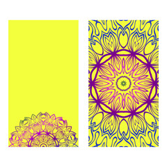 Floral Banners. Ethnic Mandala Ornament. Vector Illustration. For Greeting Card, Coloring Book, Invitation Print. Purple gradient color on yellow background