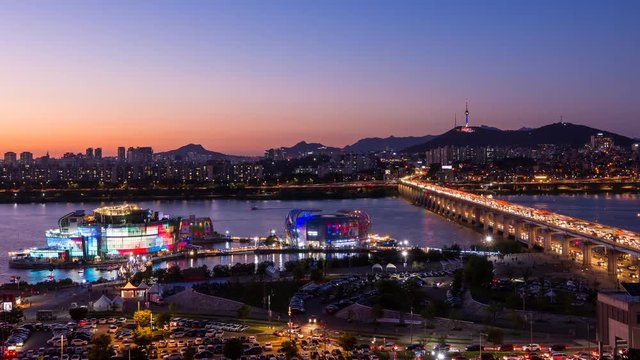 Time Lapse Night Of Some Sevit (Hangang Floating Island) And Banpo Bridge At Night in Seoul city.