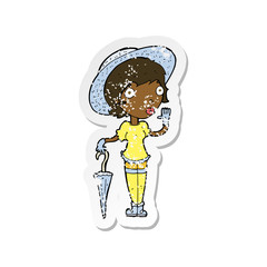 retro distressed sticker of a cartoon woman in summer hat waving
