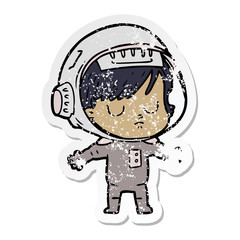 distressed sticker of a cartoon astronaut woman