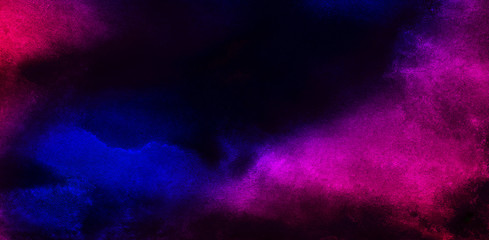 Cosmic neon pink, purple and dark blueglow lights watercolor background. Paper textured aquarelle...