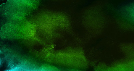 Creative blue and green shades hand drawn multicolor texture water color paint illustration. Cosmic neon polar lights watercolor background. Paper textured aquarelle canvas for modern creative design. © KatMoy