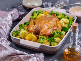 baked chicken with potatoes and broccoli