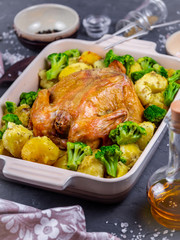 baked chicken with potatoes and broccoli