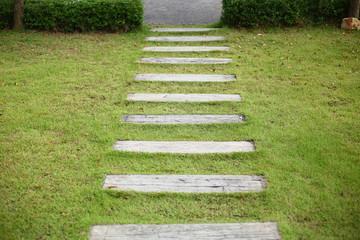 concrete pathway pavement step on green grass front yard garden