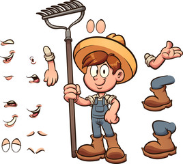 Cartoon farmer boy with different body parts clip art. Vector illustration with simple gradients. Some elements on separate layers. 