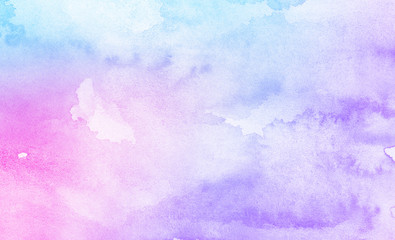 Fantasy smooth light pink, purple shades and blue watercolor paper textured illustration for grunge design, vintage card, templates. Pastel ink colors wet effect hand drawn canvas aquarelle background